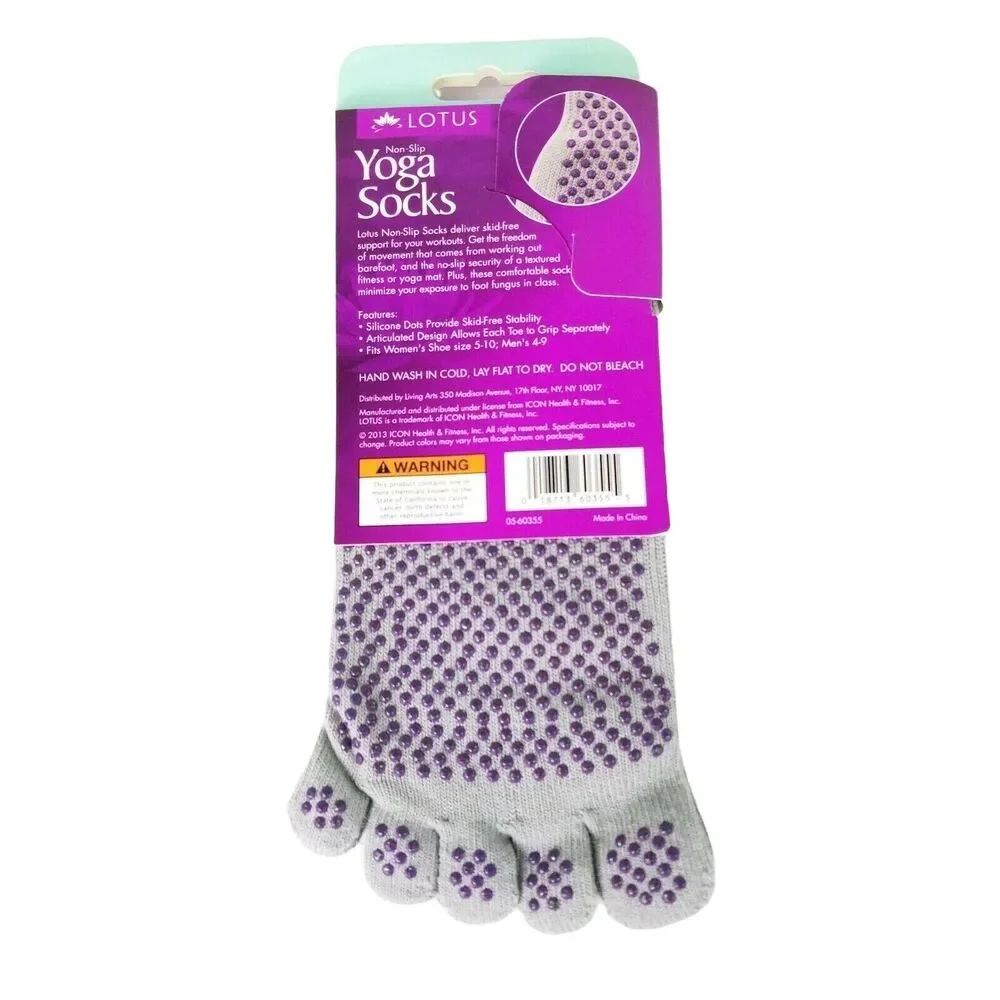 Lotus Yoga Socks Gray Non Slip Grip Purple Silicone Dots Women's Shoe Sizes 5-10
